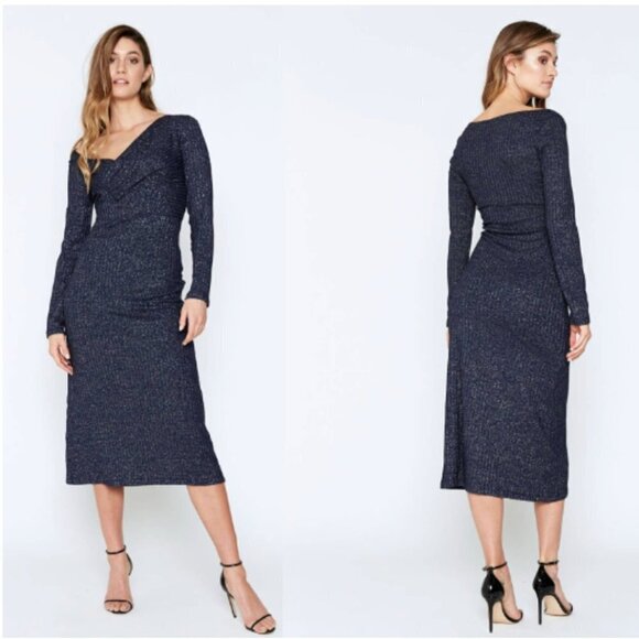 Bardot Lurex Rib Midi Dress in Navy Lurex Metallic Sparkle Womens size Small NWT - Picture 1 of 9